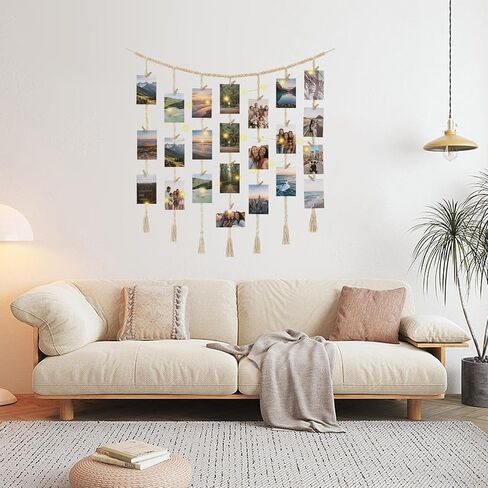 Macrame Hanging Photo Display with String Lights, Boho Wall Decor with Wooden Beads Garland & Clips, Picture Collage Holder for Bedroom Living Room Dorm, for Teen Girls in Saudi Arabia