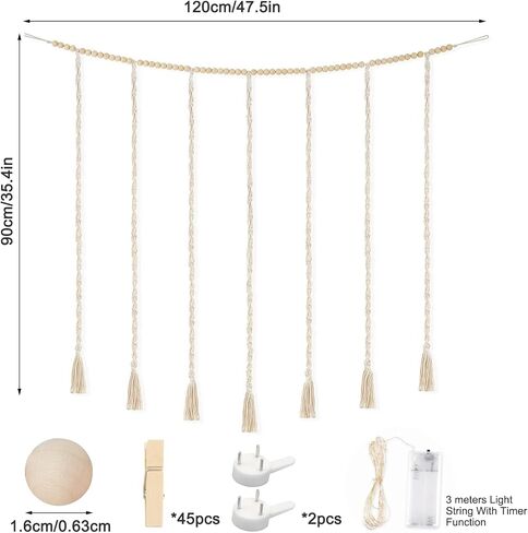 Macrame Hanging Photo Display with String Lights, Boho Wall Decor with Wooden Beads Garland & Clips, Picture Collage Holder for Bedroom Living Room Dorm, for Teen Girls in Saudi Arabia