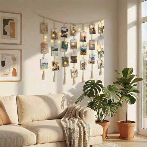 Macrame Hanging Photo Display with String Lights, Boho Wall Decor with Wooden Beads Garland & Clips, Picture Collage Holder for Bedroom Living Room Dorm, for Teen Girls in Saudi Arabia