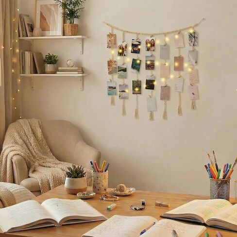 Macrame Hanging Photo Display with String Lights, Boho Wall Decor with Wooden Beads Garland & Clips, Picture Collage Holder for Bedroom Living Room Dorm, for Teen Girls in Saudi Arabia