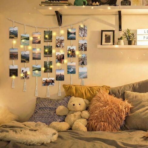 Macrame Hanging Photo Display with String Lights, Boho Wall Decor with Wooden Beads Garland & Clips, Picture Collage Holder for Bedroom Living Room Dorm, for Teen Girls in Saudi Arabia