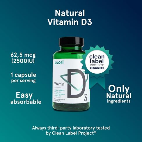 Puori Vitamin D3 Softgels, 2500 IU (62.5 mcg) - Fast Absorbing Vitamin D3 Supplements for Immune System Support, Bone Health & Density and Healthy Muscle Functions - Non-GMO & Gluten-Free - 120 Count in Saudi Arabia