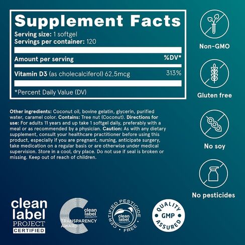 Puori Vitamin D3 Softgels, 2500 IU (62.5 mcg) - Fast Absorbing Vitamin D3 Supplements for Immune System Support, Bone Health & Density and Healthy Muscle Functions - Non-GMO & Gluten-Free - 120 Count in Saudi Arabia