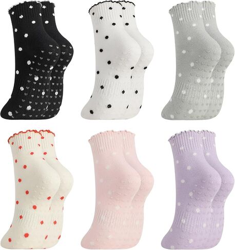 6 Pairs Cute Polka Dot Bow Yoga Socks with Ruffle Edge Non Slip Breathable for Yoga Pilates Ballet Dance in Kuwait