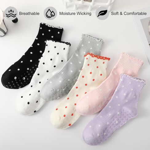 6 Pairs Cute Polka Dot Bow Yoga Socks with Ruffle Edge Non Slip Breathable for Yoga Pilates Ballet Dance in Saudi Arabia