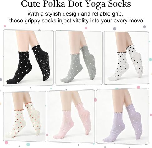 6 Pairs Cute Polka Dot Bow Yoga Socks with Ruffle Edge Non Slip Breathable for Yoga Pilates Ballet Dance in Saudi Arabia