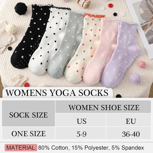 6 Pairs Cute Polka Dot Bow Yoga Socks with Ruffle Edge Non Slip Breathable for Yoga Pilates Ballet Dance in Saudi Arabia