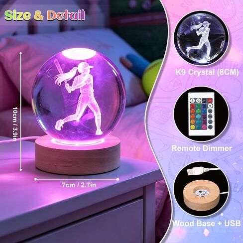 OkiyiD Girls Softball Night Light, Softball Crystal Ball 3.15 Inch (80mm) Lamp with 16 Colors, Softballs Gifts for Girls Women Birthday Xmas, Room Decor Accessories Ornaments in Saudi Arabia