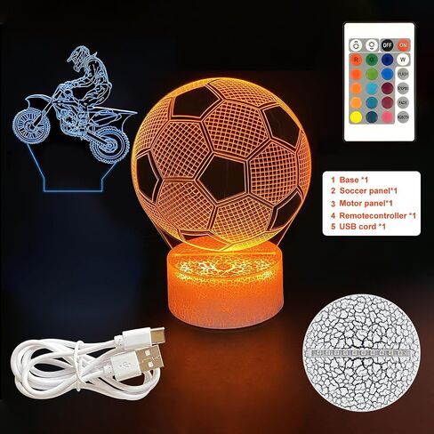 2-in-1 Soccer Night Light for Kids, Dirt Bike, Soccer Gifts for Teens Boys Girls, Soccer Ball Lamp Kids Room Decor Light, 16 Color Change Birthday Gifts Ideas for Sports Fan 2 Patterns in Kuwait