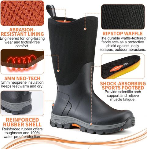 Showave Arctic Excursion Rubber Boots for Men Mid Calf Rain Boots Men Insulated Waterproof Boot Waffle Neo-Tech Outdoor Mud Boot with Traction Hiking Lugs in Kuwait