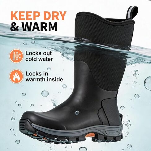 Showave Arctic Excursion Rubber Boots for Men Mid Calf Rain Boots Men Insulated Waterproof Boot Waffle Neo-Tech Outdoor Mud Boot with Traction Hiking Lugs in Kuwait