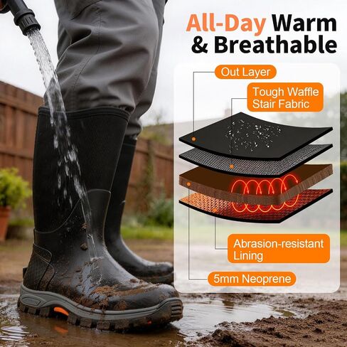 Showave Arctic Excursion Rubber Boots for Men Mid Calf Rain Boots Men Insulated Waterproof Boot Waffle Neo-Tech Outdoor Mud Boot with Traction Hiking Lugs in Kuwait