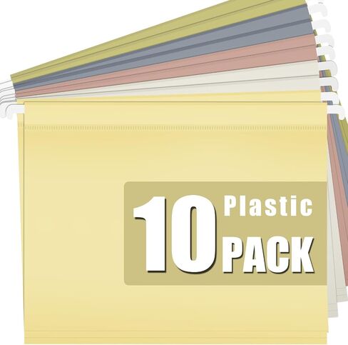 10 Pack Plastic Hanging File Folders, Letter Size (8.5"x11"), Assorted Colors with 1/5-Cut Tabs. Includes 10 Transparent Label Cards & 10 Sticker Labels – Perfect for Office & Filing Cabinets in Saudi Arabia