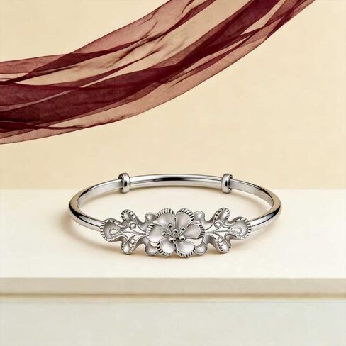 Kim Carrey S925 Sterling Silver Bangle Bracelet for Women, Adjustable 6.4-7.8 Inches, Elegant Small Size in Saudi Arabia