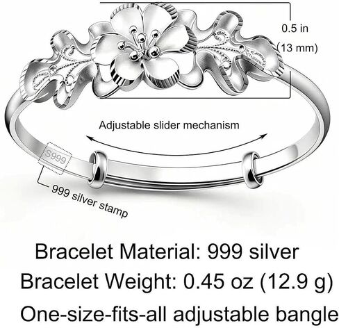 Kim Carrey S925 Sterling Silver Bangle Bracelet for Women, Adjustable 6.4-7.8 Inches, Elegant Small Size in Saudi Arabia