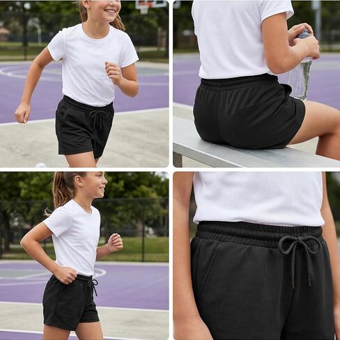 Girls Sweat Shorts, 2-Pack, Elastic Waistband with Pockets, Wrinkle-Free Quick-Drying Summer Athletic Shorts in Kuwait