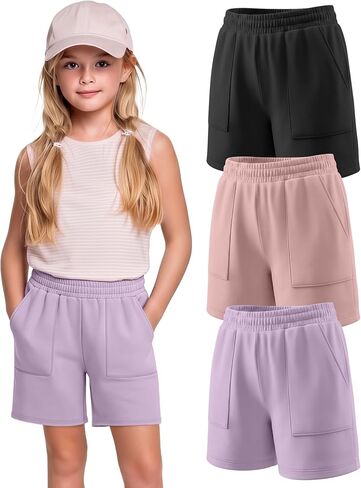 3 Pack Girls Shorts Kids Athletic Elastic Waist SweatShorts with Pockets Lightweight Loose Fit Shorts 5-14 Years in Kuwait