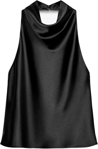Women's Satin Tank Top Backless Halter Neck Camisole Elegant Draped Front Loose Fit Sexy Summer Tops in Saudi Arabia