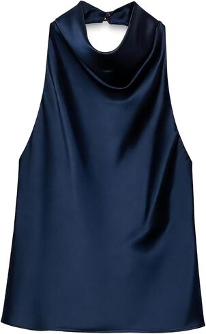 Women's Satin Tank Top Backless Halter Neck Camisole Elegant Draped Front Loose Fit Sexy Summer Tops in Saudi Arabia