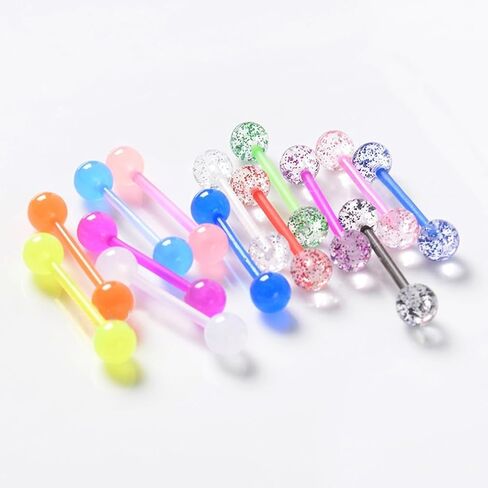 48Pcs 14G Glow in Dark Flexible Acrylic Straight Tongue Barbell Nipple Ring Retainer Piercing Jewelry for Women Men 16mm Bar in Saudi Arabia