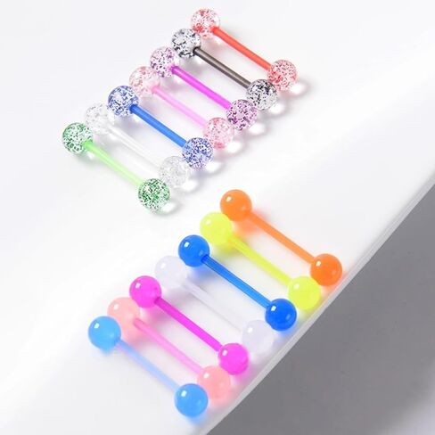 48Pcs 14G Glow in Dark Flexible Acrylic Straight Tongue Barbell Nipple Ring Retainer Piercing Jewelry for Women Men 16mm Bar in Saudi Arabia