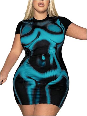 OYOANGLE Women's Plus Size 3D Body Heat Map Print Sexy Concert Outfit Y2K Short Sleeve Bodycon Dress in Saudi Arabia