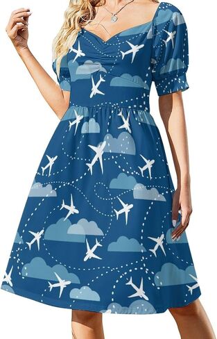 Airplane Aircraft Plane Pattern Women's Dress V-Neck Short Sleeve Dresses in Saudi Arabia