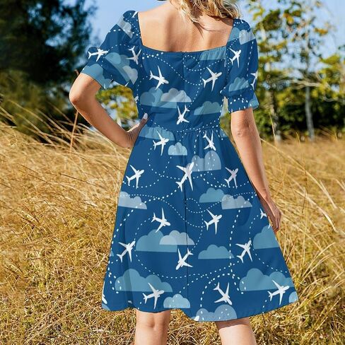 Airplane Aircraft Plane Pattern Women's Dress V-Neck Short Sleeve Dresses in Saudi Arabia