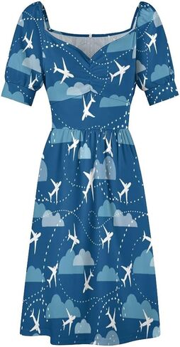 Airplane Aircraft Plane Pattern Women's Dress V-Neck Short Sleeve Dresses in Saudi Arabia