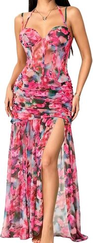 Womens Sexy Backless Spaghetti Strap Dress Mesh Maxi Dresses Asymmetrical Hem Bodycon Dress Party Festival Outfits in Saudi Arabia