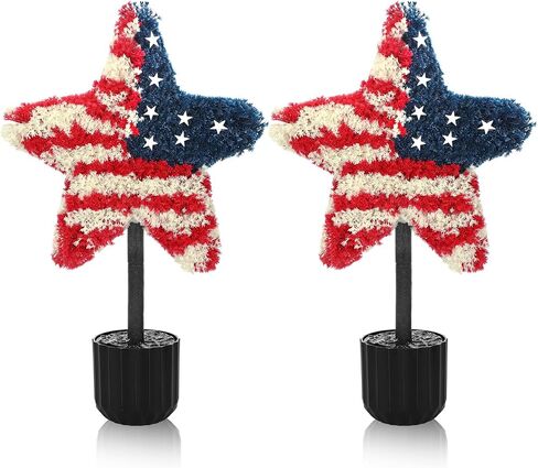 Sureio 2 Pack Patriotic Front Porch Decorations 25.6 Inch Red White Blue Star Topiary Trees for 4th of July Outdoor Decor Front Door Entryway Garden Independence Day in Kuwait