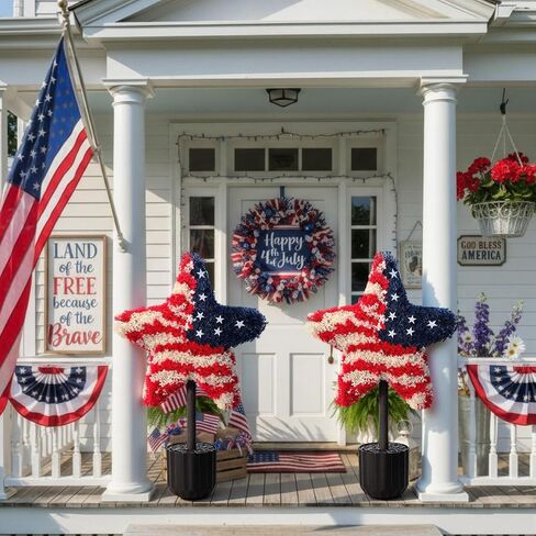 Sureio 2 Pack Patriotic Front Porch Decorations 25.6 Inch Red White Blue Star Topiary Trees for 4th of July Outdoor Decor Front Door Entryway Garden Independence Day in Kuwait