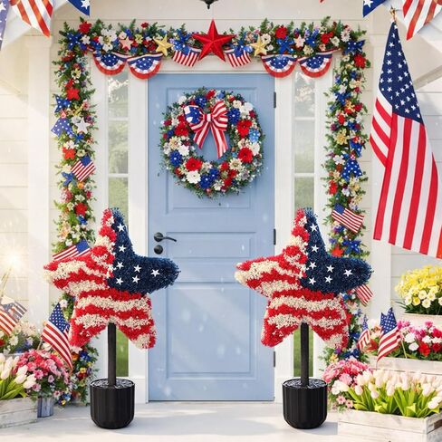 Sureio 2 Pack Patriotic Front Porch Decorations 25.6 Inch Red White Blue Star Topiary Trees for 4th of July Outdoor Decor Front Door Entryway Garden Independence Day in Kuwait