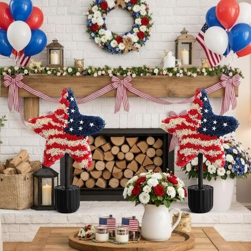 Sureio 2 Pack Patriotic Front Porch Decorations 25.6 Inch Red White Blue Star Topiary Trees for 4th of July Outdoor Decor Front Door Entryway Garden Independence Day in Kuwait
