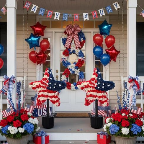 Sureio 2 Pack Patriotic Front Porch Decorations 25.6 Inch Red White Blue Star Topiary Trees for 4th of July Outdoor Decor Front Door Entryway Garden Independence Day in Kuwait