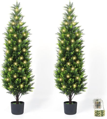4FT Artificial Cypress Tree with Warm Lights, Realistic Fake Evergreen Plant, Artificial Topiary Cypress Potted Plants for Outdoor Indoor Front Porch Entryway Home Decor 2 Pack in Saudi Arabia