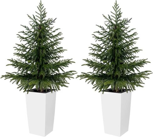 Mavis's Diary 4FT Artificial Cedar Topiary Tree, Set of 2 Realistic Faux Evergreen in Black Bullet Planter + Fillable Water Bag, Indoor Outdoor Fake Cedar for Front Porch Entryway Office Home Decor in Saudi Arabia