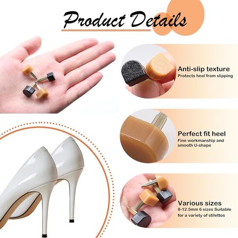 24 Pairs High Heel Replacement Tips, Women Heel Shoes Repair Cap，Dowels Tips Pin Kit,with 6 Inch High Heel Remove Pliers, 8-12.5mm 6 Sizes Heel Tips Caps, U-Shape, Black Beige in Saudi Arabia