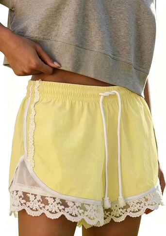 Womens Lace Trim Drawstring Shorts Casual Elasticated Summer Y2K Beach Bottoms Athletic Shorts in Saudi Arabia