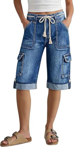 Flamingals High Rise Denim Bermuda Shorts for Women Wash Roll Hem Belted Loose Fit Casual Jean Shorts with Flap Pocket in Kuwait