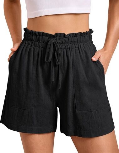luvamia Women Linen Shorts Casual Summer Elastic High Waisted Pull On Wide Leg Drawstring Beach Vacation Shorts with Pockets in Kuwait