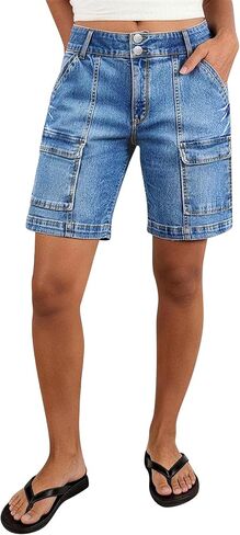 شورت Flamingals بأرجل مستقيمة للسيدات شورت جينز عصري بجيب مغسول متوسط ​​الارتفاع وأزرار مزدوجة in Kuwait