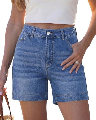 LookbookStore شورتات جينز للنساء الصيف عالية الخصر بسط الدينيم السراويل العصرية 5 بوصة Inseam Jorts مع جيوب in Kuwait