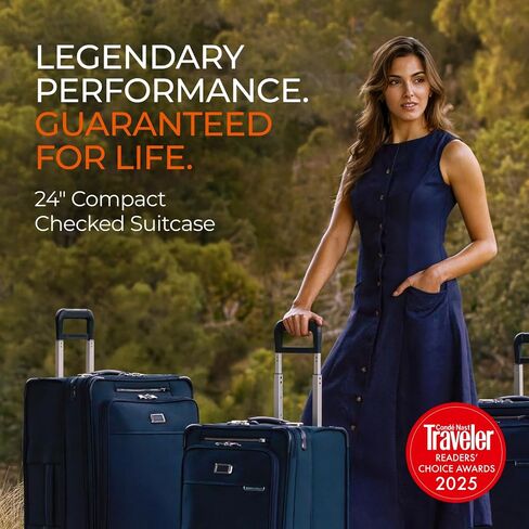 Briggs & Riley 24 Inch Compact Checked Suitcase Luggage with Wheels - Zipperless Compression Expansion System, 360 Spinner, Flat Packing Interior, Accessible Front Pocket - Baseline Collection - Black in Saudi Arabia