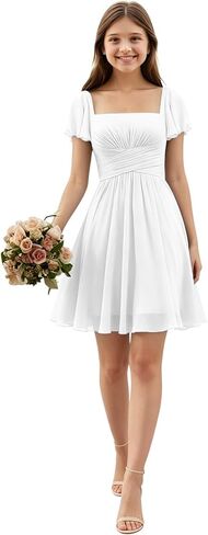 Short Junior Bridesmaid Dresses Square Neck Chiffon Flower Girl Dress Empire Flutter Sleeve Homecoming Gowns for Teens in Saudi Arabia