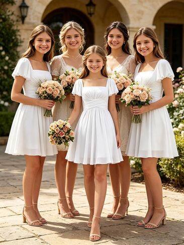 Short Junior Bridesmaid Dresses Square Neck Chiffon Flower Girl Dress Empire Flutter Sleeve Homecoming Gowns for Teens in Saudi Arabia