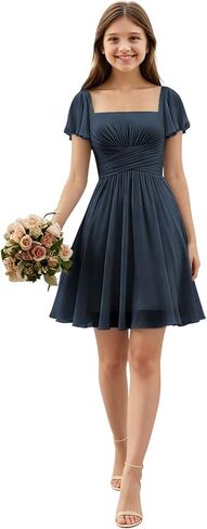 Short Junior Bridesmaid Dresses Square Neck Chiffon Flower Girl Dress Empire Flutter Sleeve Homecoming Gowns for Teens in Saudi Arabia