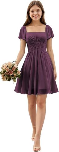 Short Junior Bridesmaid Dresses Square Neck Chiffon Flower Girl Dress Empire Flutter Sleeve Homecoming Gowns for Teens in Saudi Arabia