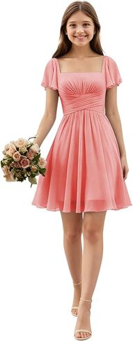 Short Junior Bridesmaid Dresses Square Neck Chiffon Flower Girl Dress Empire Flutter Sleeve Homecoming Gowns for Teens in Saudi Arabia