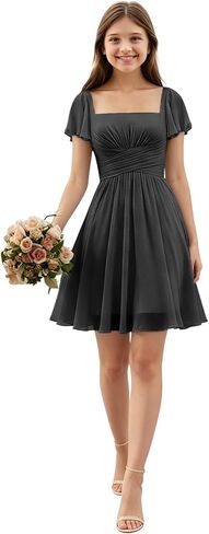 Short Junior Bridesmaid Dresses Square Neck Chiffon Flower Girl Dress Empire Flutter Sleeve Homecoming Gowns for Teens in Saudi Arabia